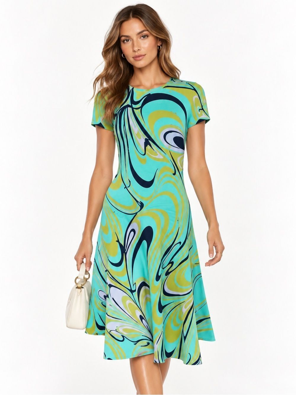 EMILIO PUCCI Turquoise Onde Print Fit & Flare Knit Knee Length Dress Siz…